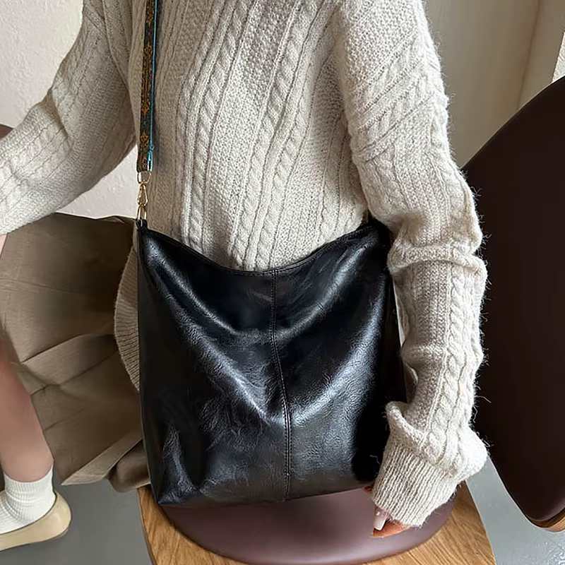 Sac à Bandoulière Vintage Solide de Grande Capacité pour Femme