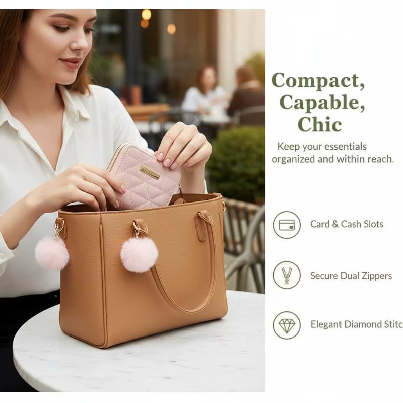 Mini portefeuille matelassé en cuir PU avec double fermeture éclair et pompon moelleux pour les trajets quotidiens
