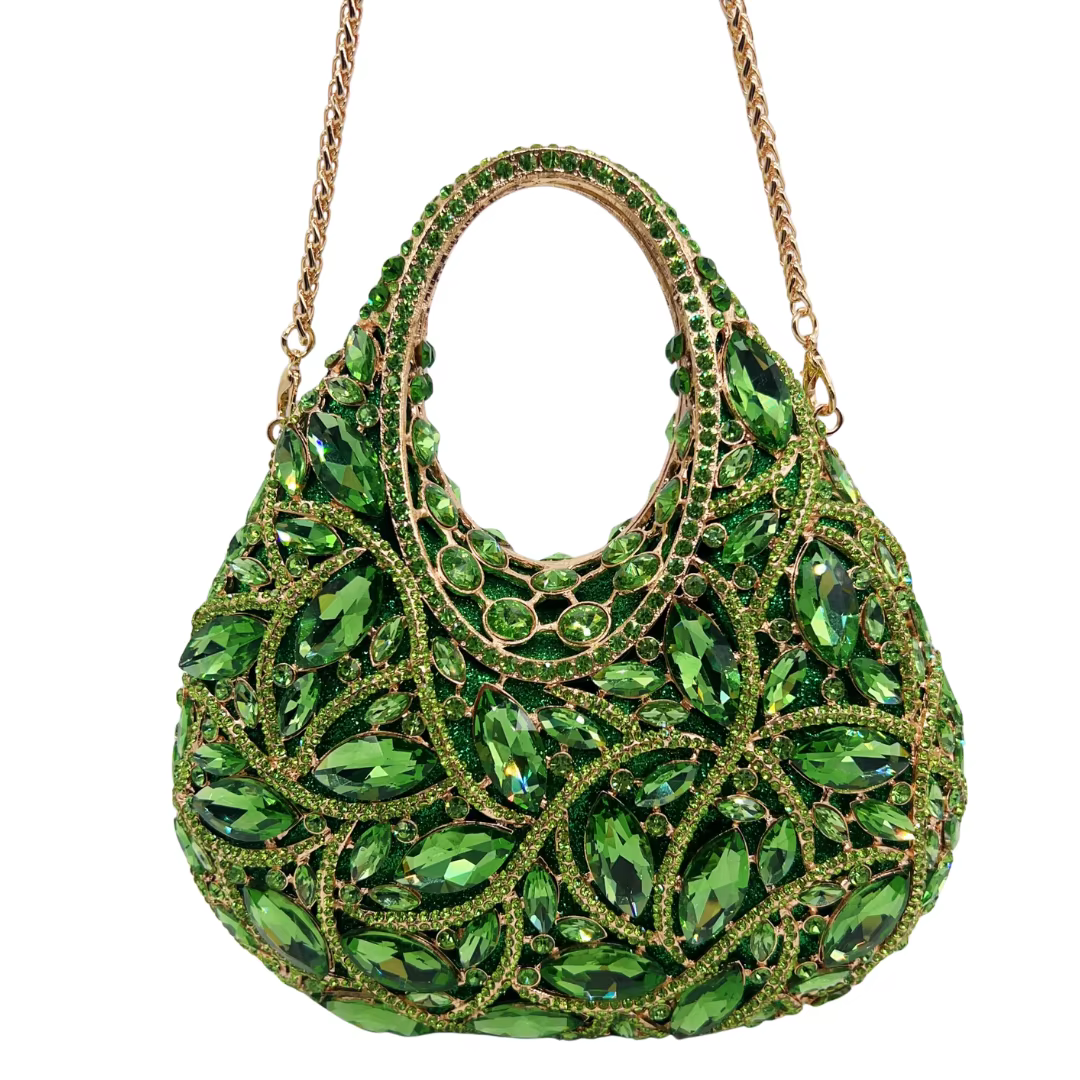 Sac de soirée vintage en satin vert olive avec poignée supérieure