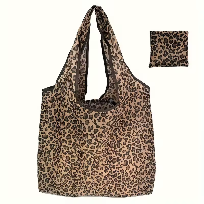 Sac de courses pliable à imprimé léopard - Sac en nylon léger et étanche avec poignées robustes pour l'épicerie et le supermarché
