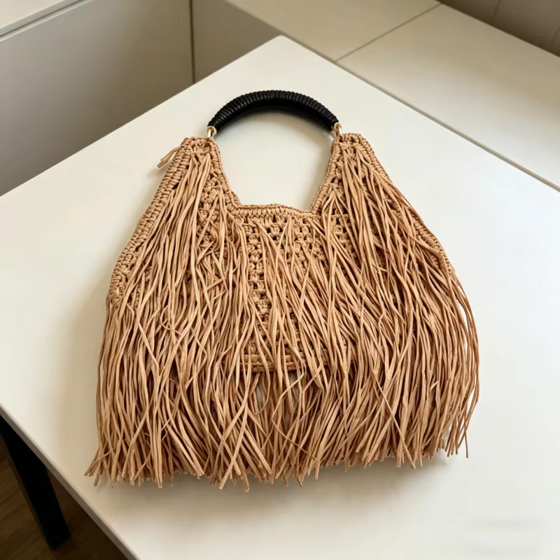 Sac fourre-tout bohème en paille à franges