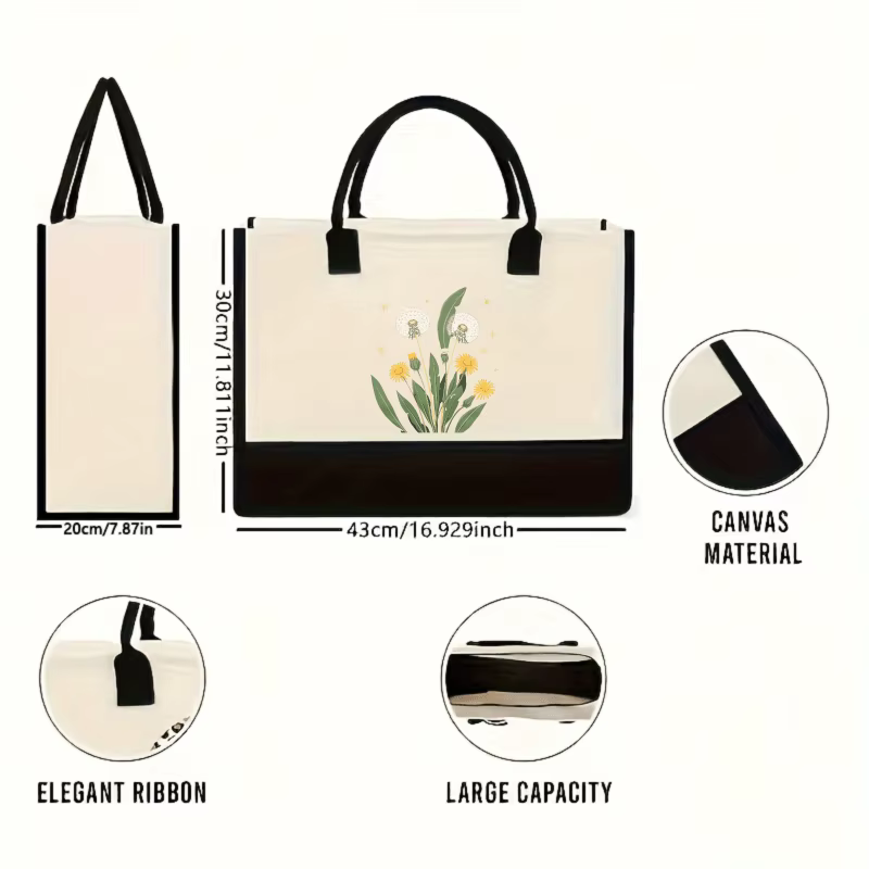 Sac à main en toile imprimé pissenlit noir et fleurs sauvages pour un usage quotidien