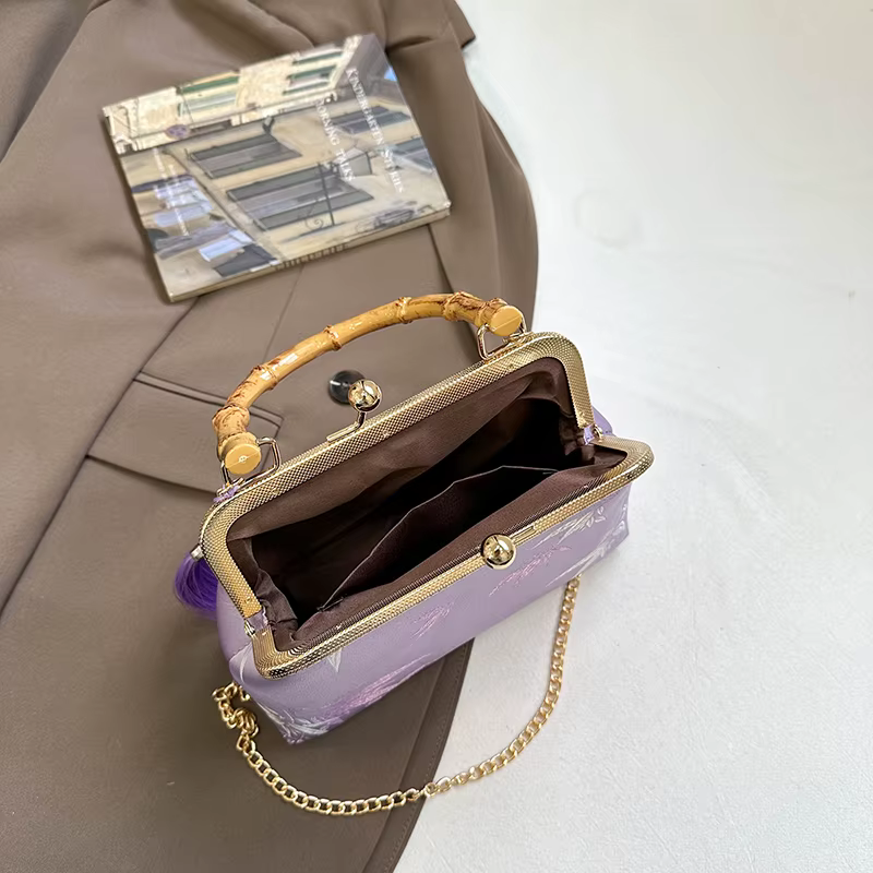Vintage bambou poignée fourre-tout Style ethnique jour pochette violet Jacquard broderie sac à main élégant dame