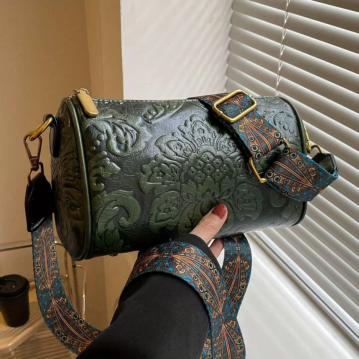 Retro Embossed Flower Leather Shoulder Bag
