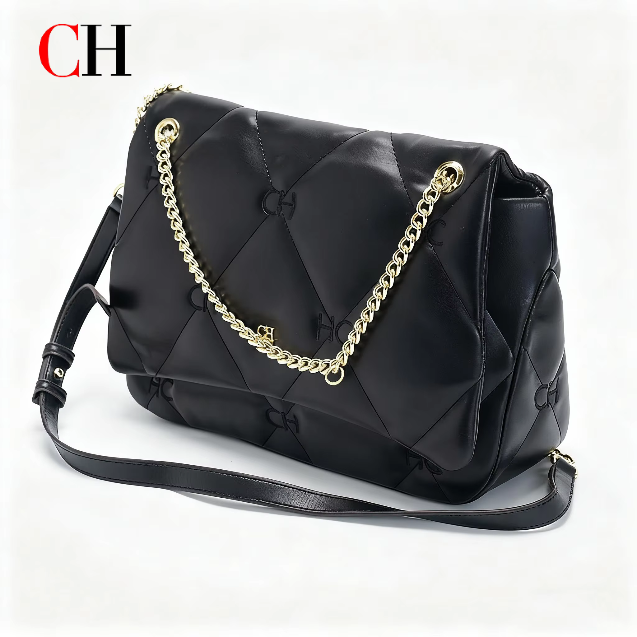 Sac à bandoulière matelassé en cuir PU noir pour femme