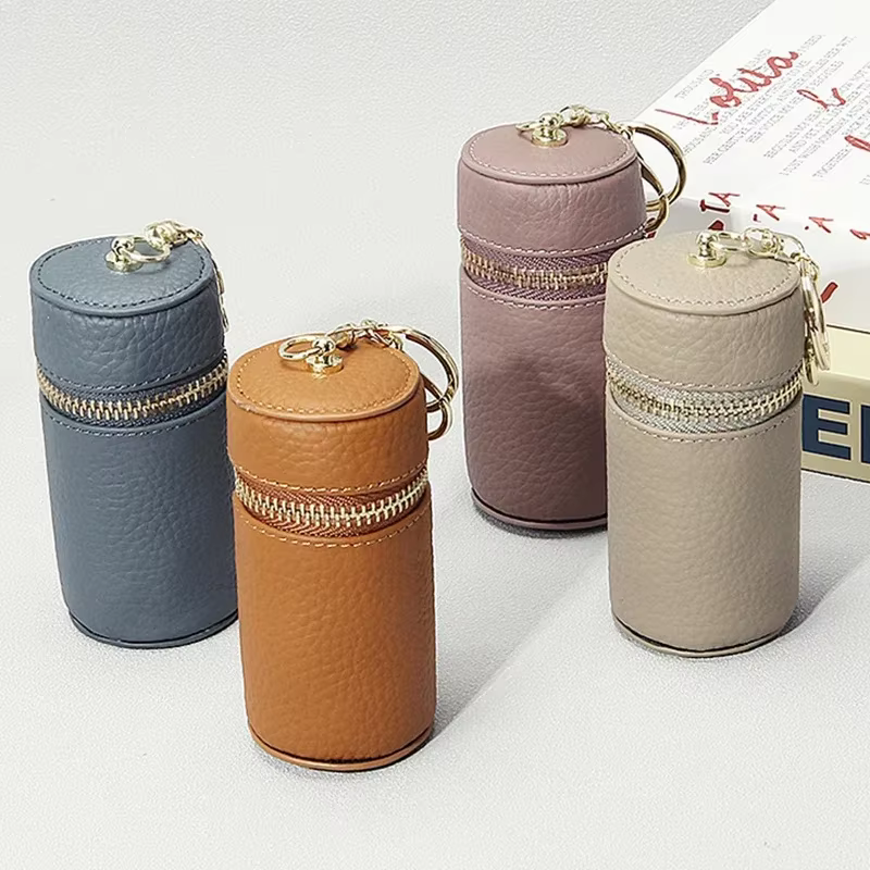 Mini sac de rouge à lèvres en cuir véritable avec porte-clés
