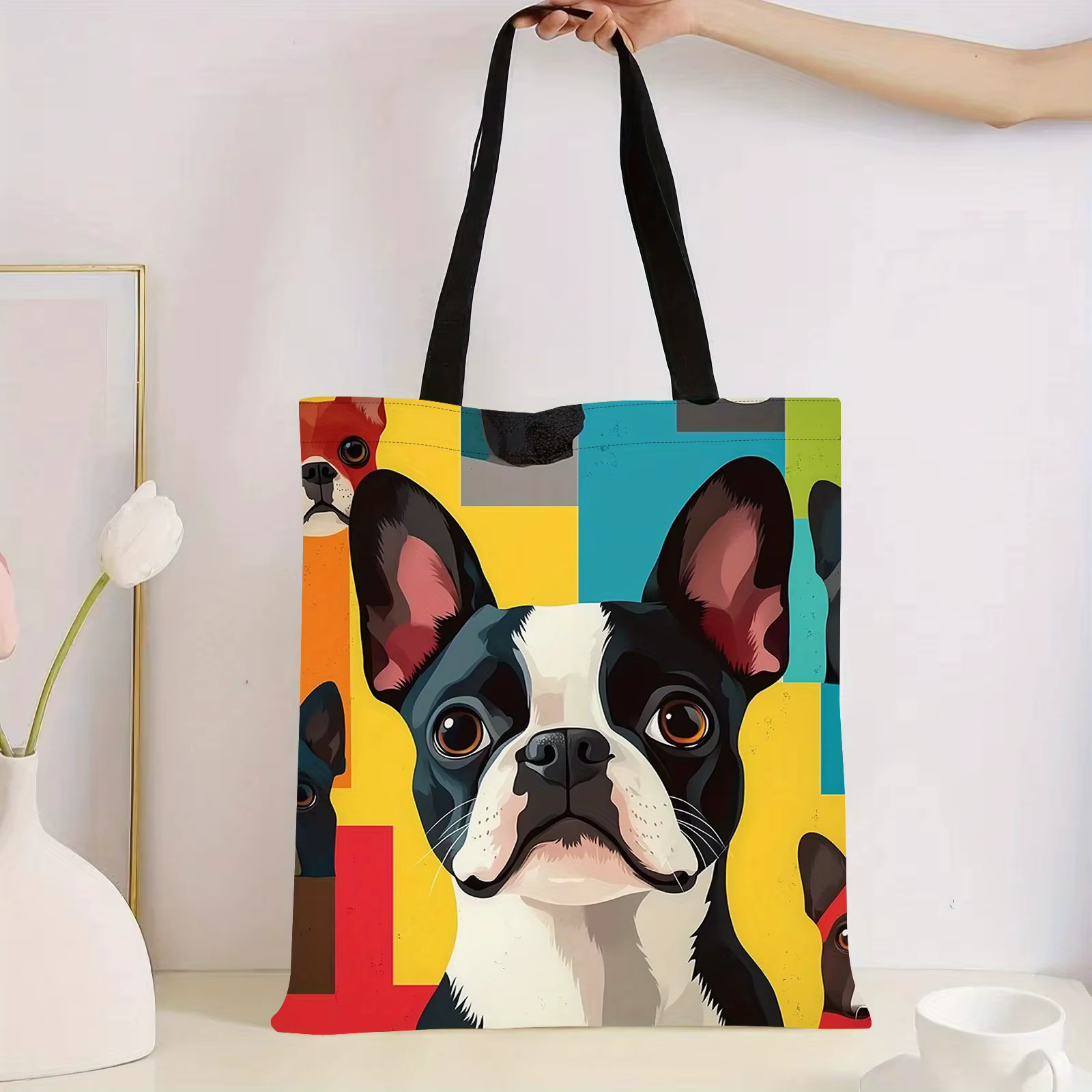 Sac fourre-tout réutilisable en polyester imprimé Boston Terrier