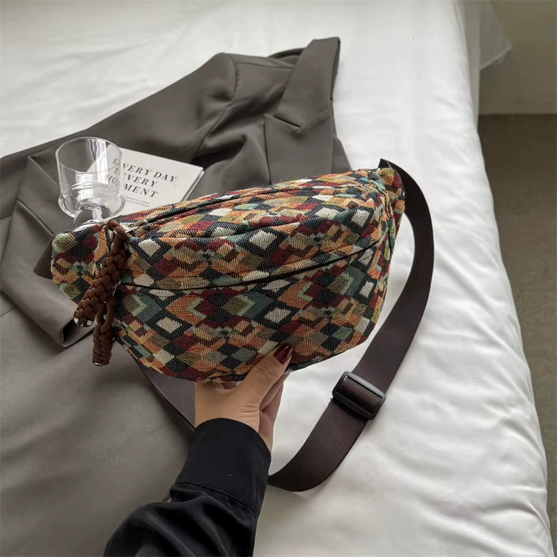 Sac banane femme en velours côtelé style bohème rétro