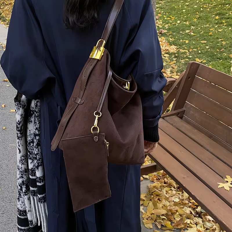 2 ensembles sac à bandoulière seau pour femmes haute capacité Vintage gommage en cuir sac de messager café marron
