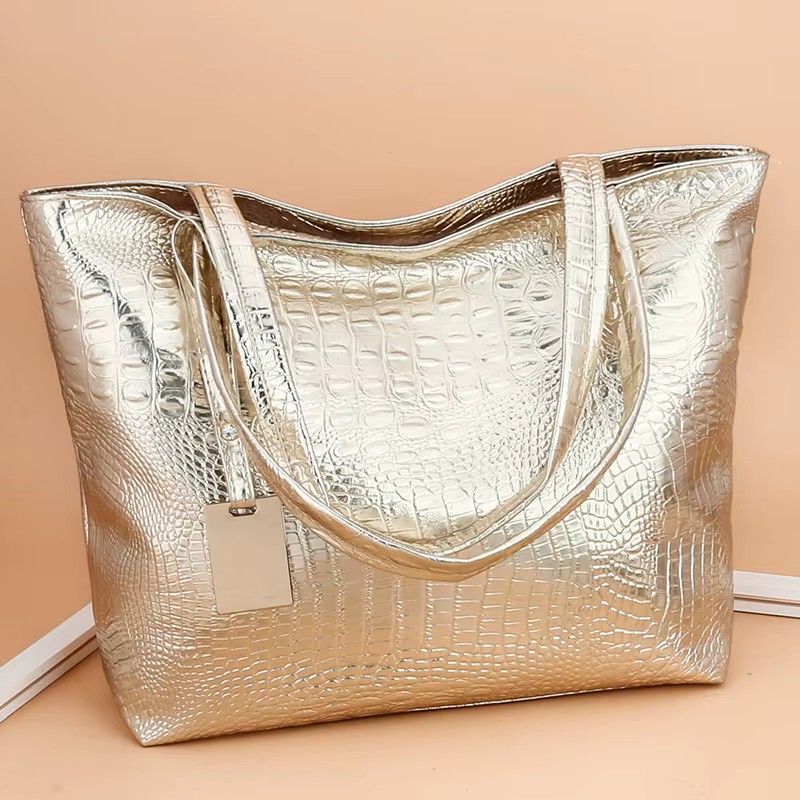 Mode décontracté femmes sacs à bandoulière argent or noir Crocodile Sac à main en cuir PU femme grand Sac fourre-tout
