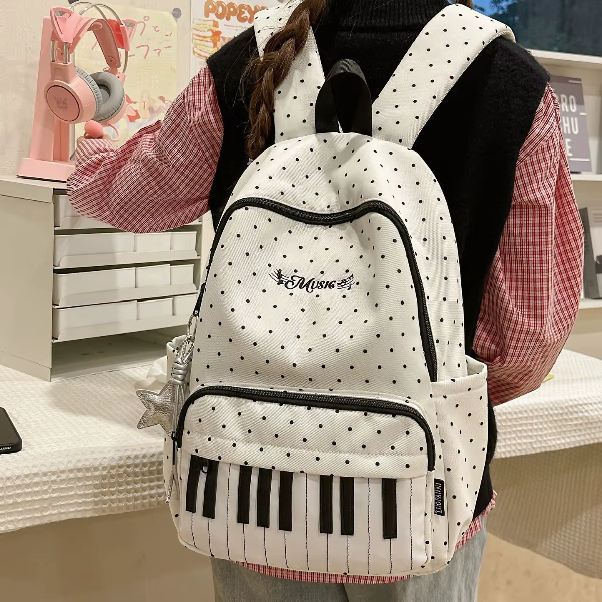 Sac à dos unisexe en nylon style japonais à motif piano
