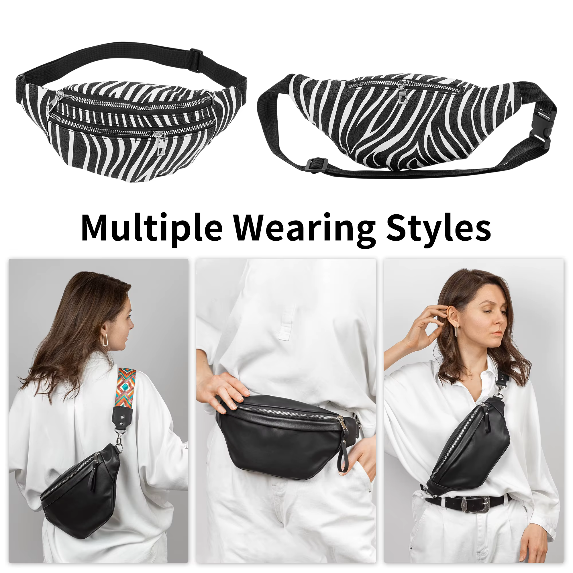 X Autohaux Zèbre Motif Fanny Pack Noir Blanc 1 Pc