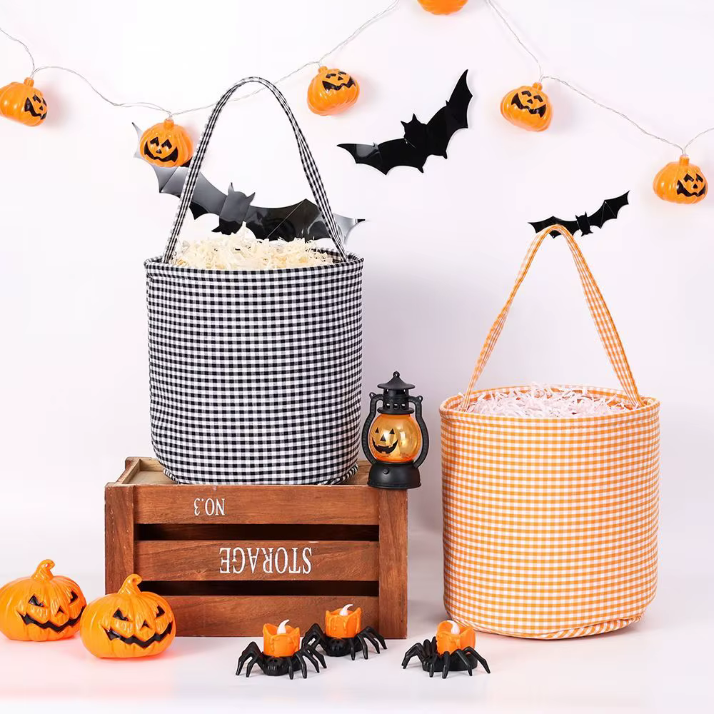 Panier de bonbons d'Halloween « Trick or Treat » – Sac fourre-tout à motif écossais grande capacité pour décorations et fournitures