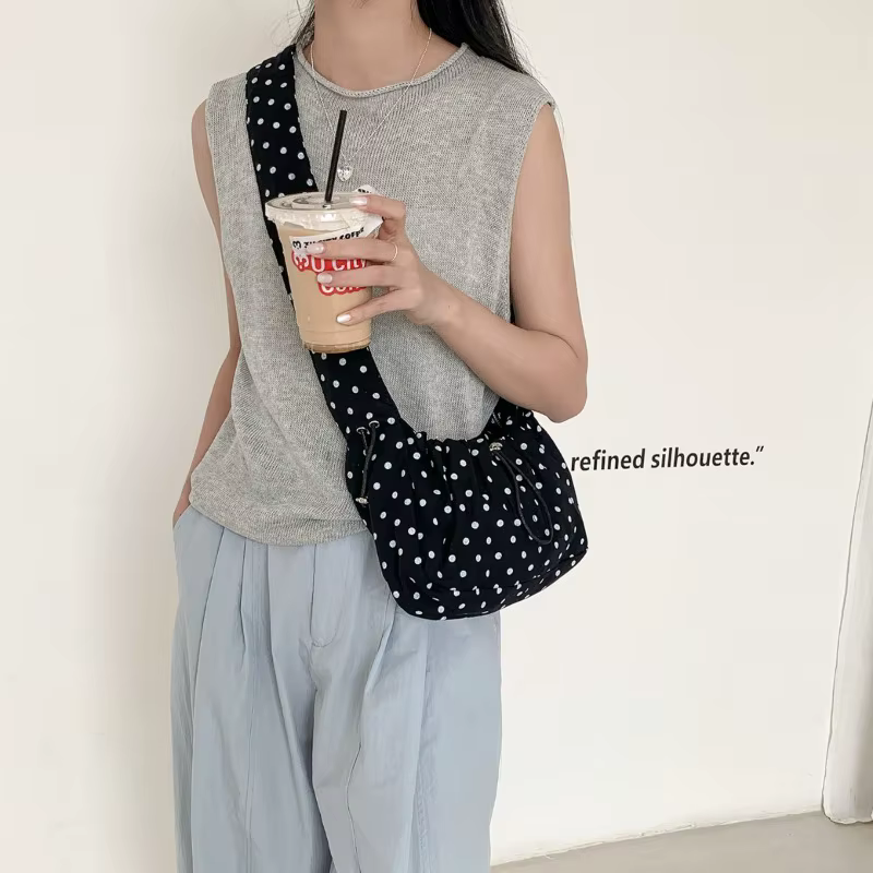 Sac bandoulière plissé rétro à pois grande capacité pour femme