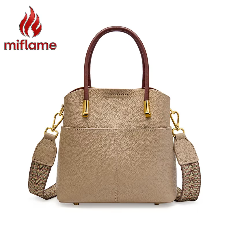Sac seau en cuir véritable pour femme avec poignée supérieure et bandoulière amovible
