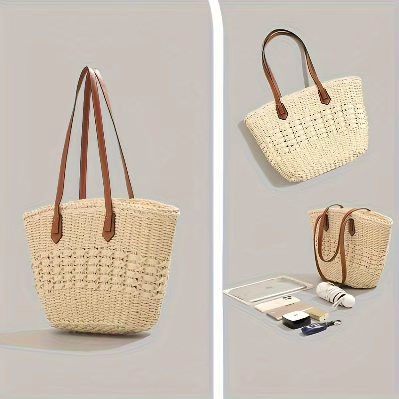 Sac fourre-tout en paille tressée de grande capacité