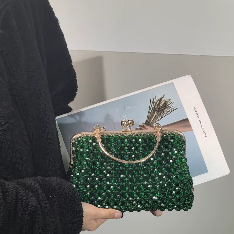 Pochette perlée faite à la main vert émeraude | Sac