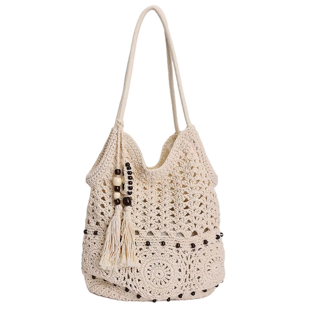 Sac fourre-tout bohème en crochet avec franges perlées