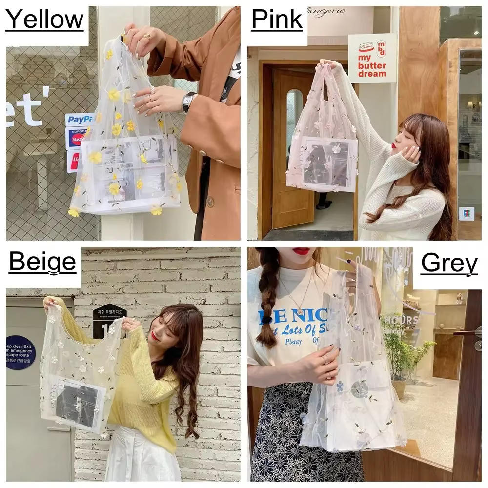 Sac à main brodé en maille transparente