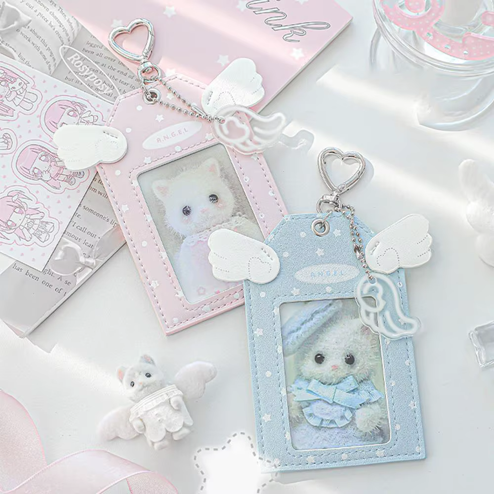 Ensemble de porte-cartes en cuir PU Aile d'ange avec breloque métallique