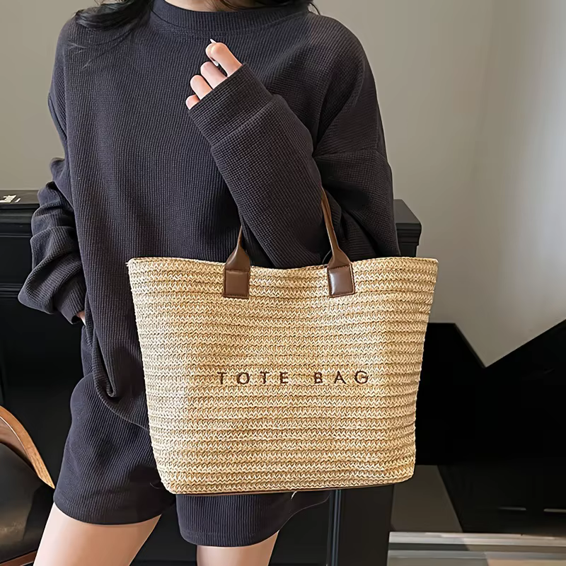 Sac fourre-tout en paille avec lettres brodées de grande capacité pour femmes