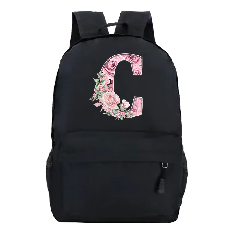 Rose Rose Alphabet sac à dos noir décontracté femmes esthétique sac à dos adolescente garçon fleur lettre sac d'école étudiant Mochilas