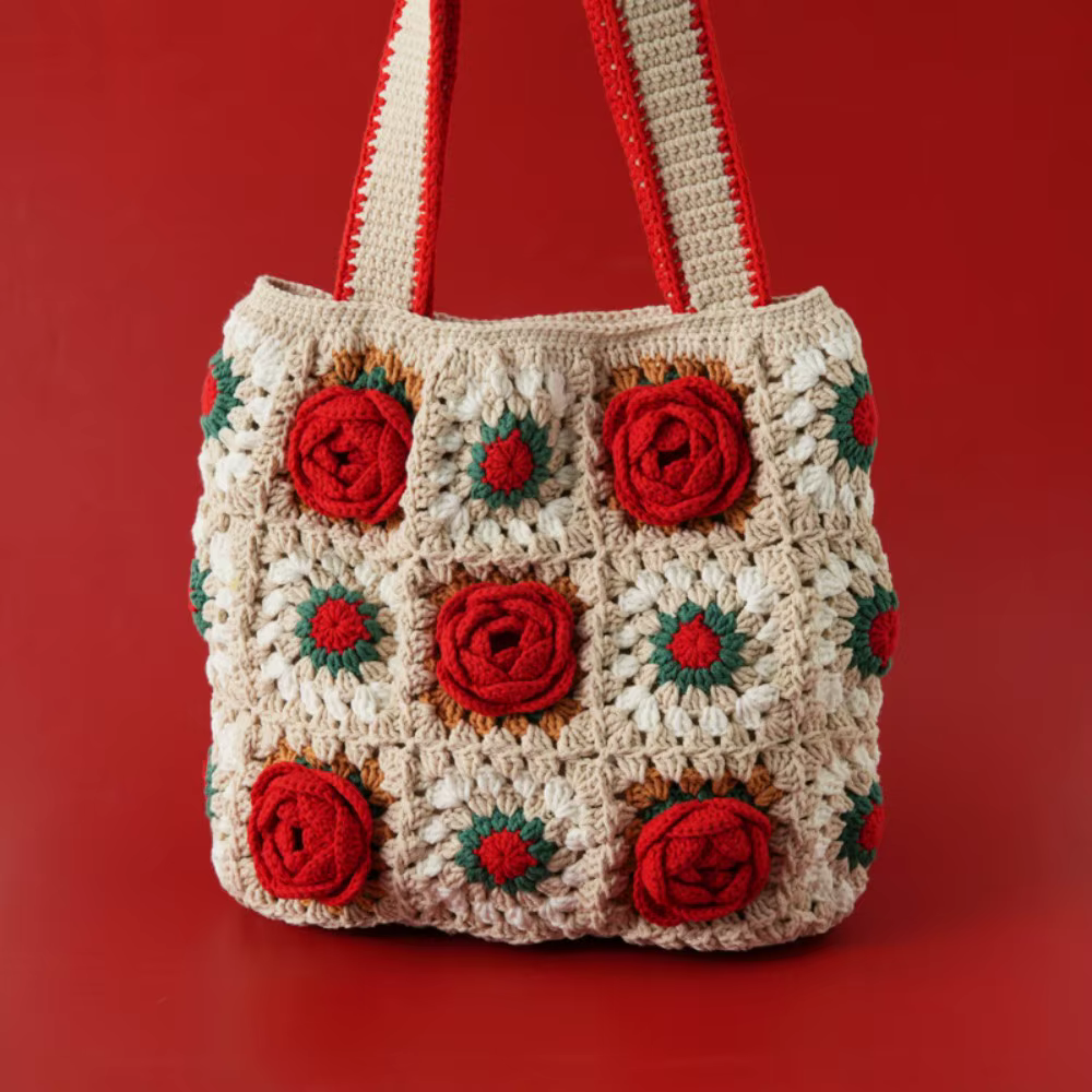 Sac en crochet fait main, tissage de 10 roses en fil de chiffon, sac à bandoulière, sac en tricot rouge, sac en fil rose, cadeau de vacances