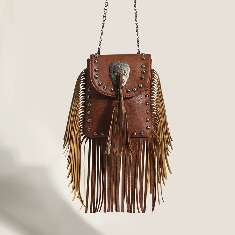 Boho marron Rivet frange petit sac pour femmes sacs à main Hippie gitane bohème gland