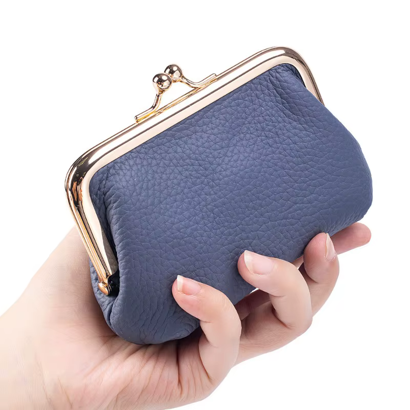 Mini portefeuille Kiss-lock en cuir véritable