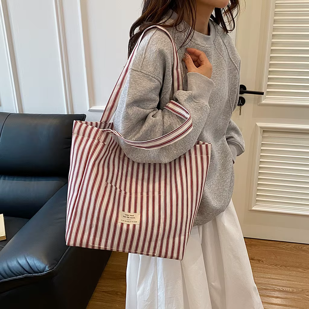 Sac fourre-tout en toile à rayures verticales, grande capacité, écologique, en coton, minimaliste, sac à bandoulière décontracté, pochette quotidienne en tissu