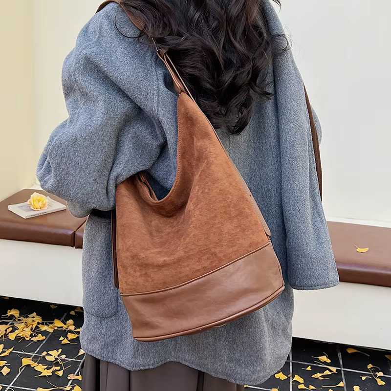 Sac à bandoulière simple en Faux daim + cuir Pu pour femme