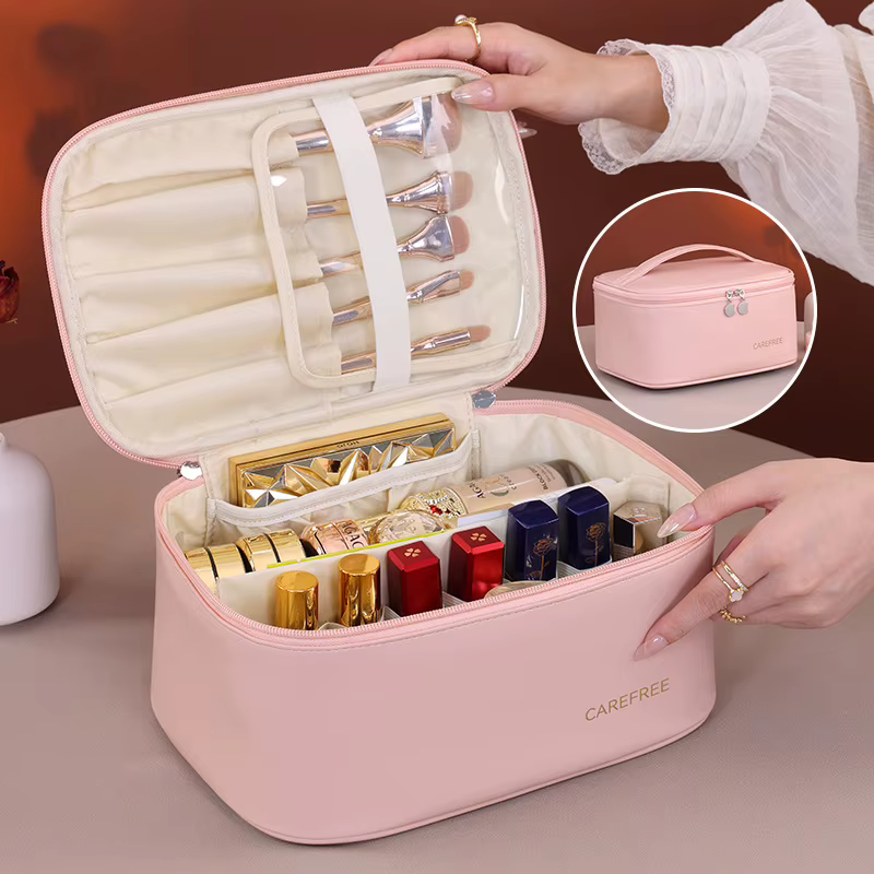 Trousse de maquillage de luxe en PU pour femme – Organisateur de cosmétiques de voyage avec fermeture à glissière