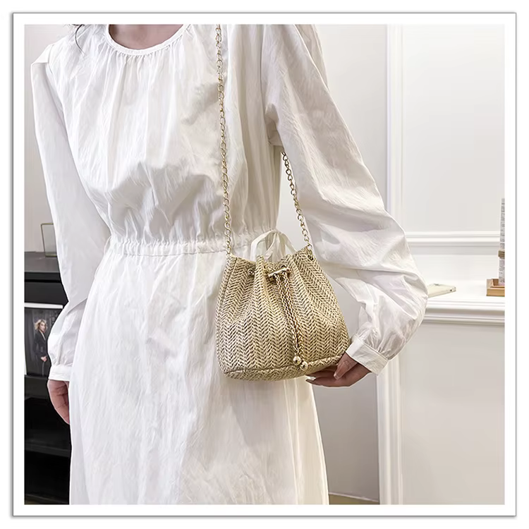 JOinitied-Sac messager beige en paille tressée pour femme