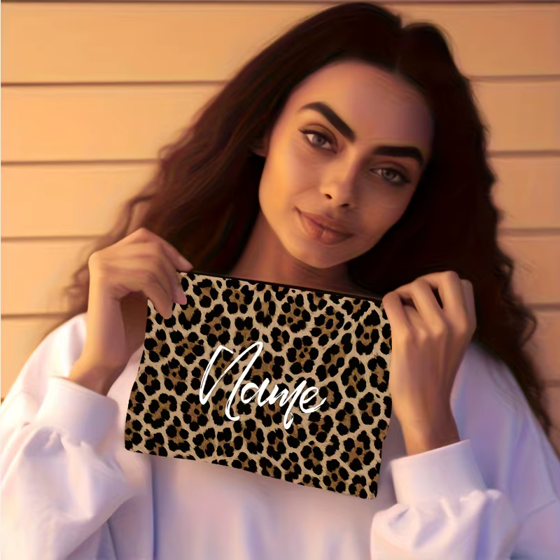 Pochette de maquillage élégante à imprimé léopard avec fermeture éclair