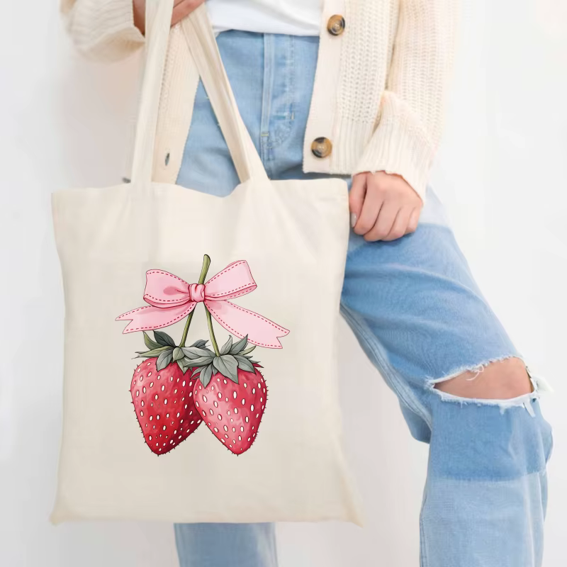 Sac fourre-tout en coton imprimé fraise crème avec nœud rose pour un usage quotidien et un shopping