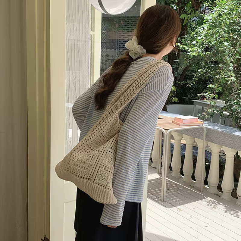 Sacs fourre-tout au crochet simple pour femmes, sac à main à poignée supérieure, creux, décontracté, à la mode, initié, dames, shopping