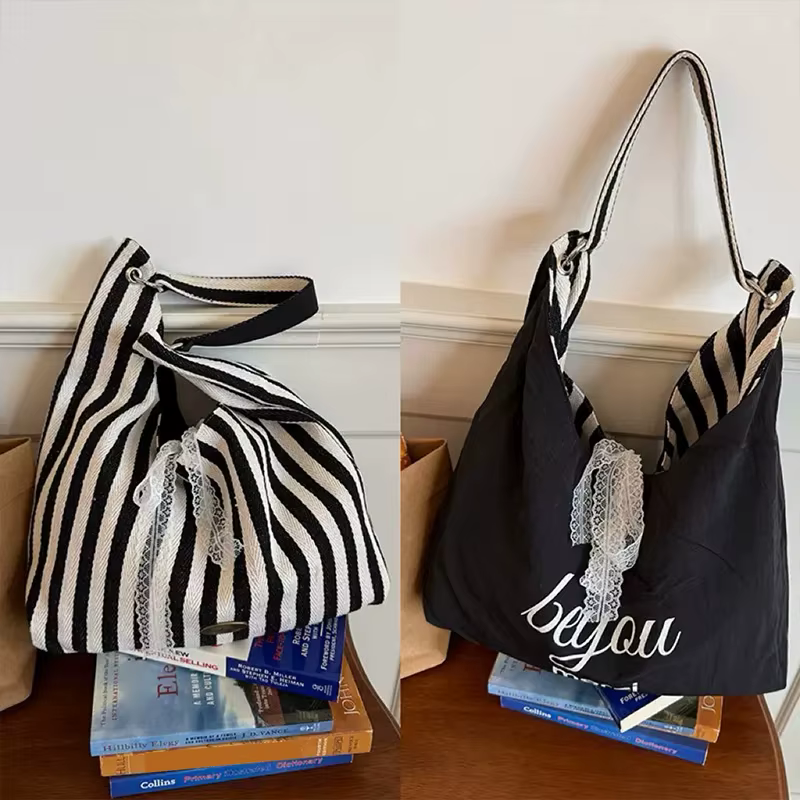 Sac hobo rayé pour femme, sac fourre-tout en toile avec nœud en dentelle, sac à bandoulière réversible pour les courses quotidiennes