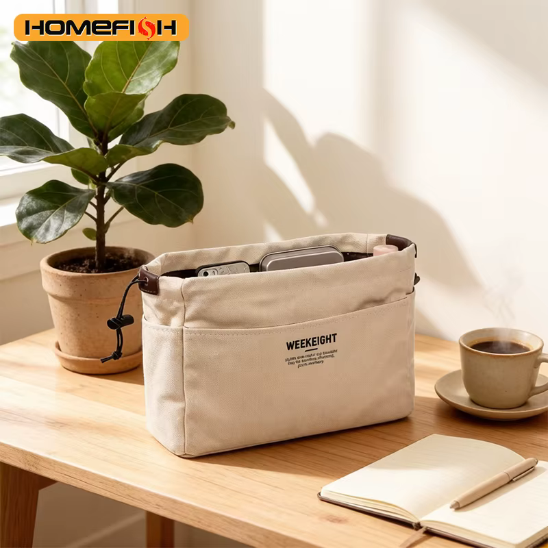 Sac de rangement pour cosmétiques en toile blanc cassé