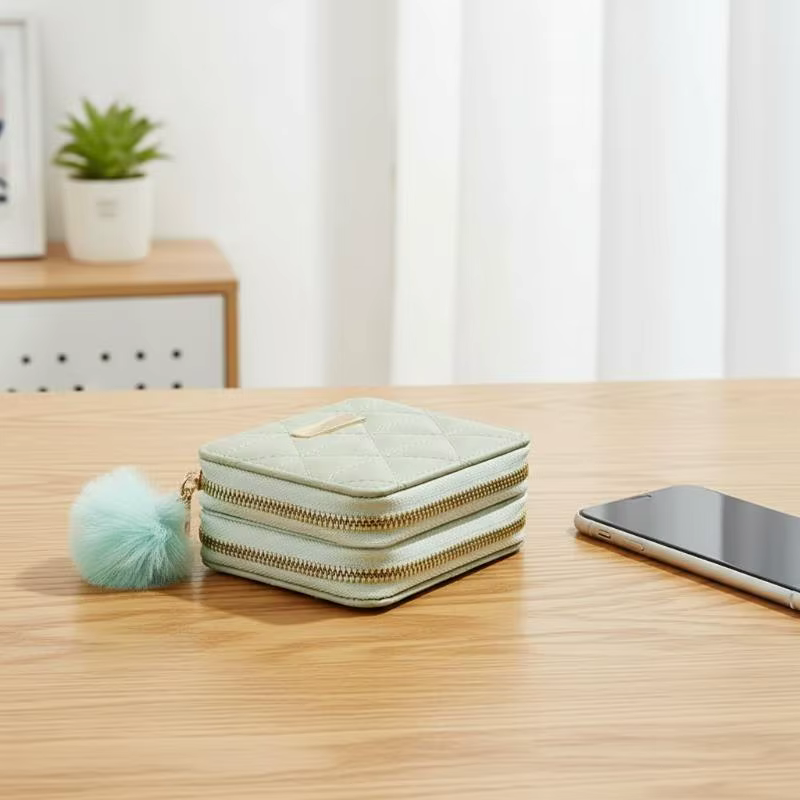 Mini portefeuille matelassé en cuir PU avec double fermeture éclair et pompon moelleux pour les trajets quotidiens