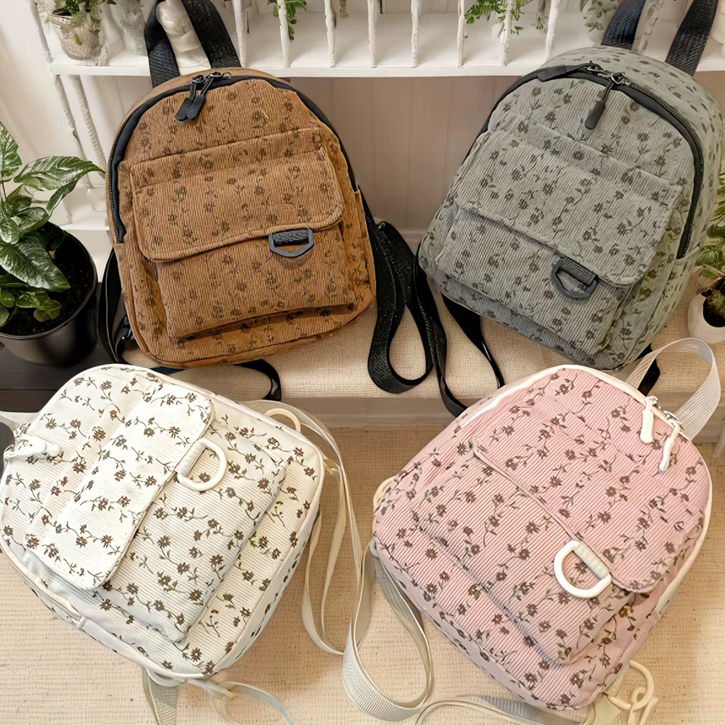 Mini sac à dos pour femme avec motif floral marron et ruban en satin couleur café