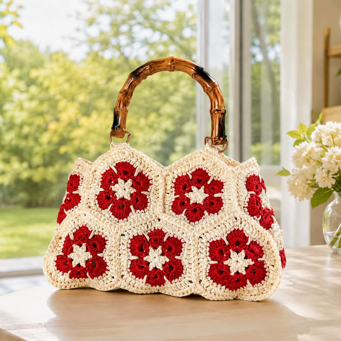 Sac en crochet floral tissé à la main avec une belle poignée – Sac fourre-tout rétro style Granny Square pour femme
