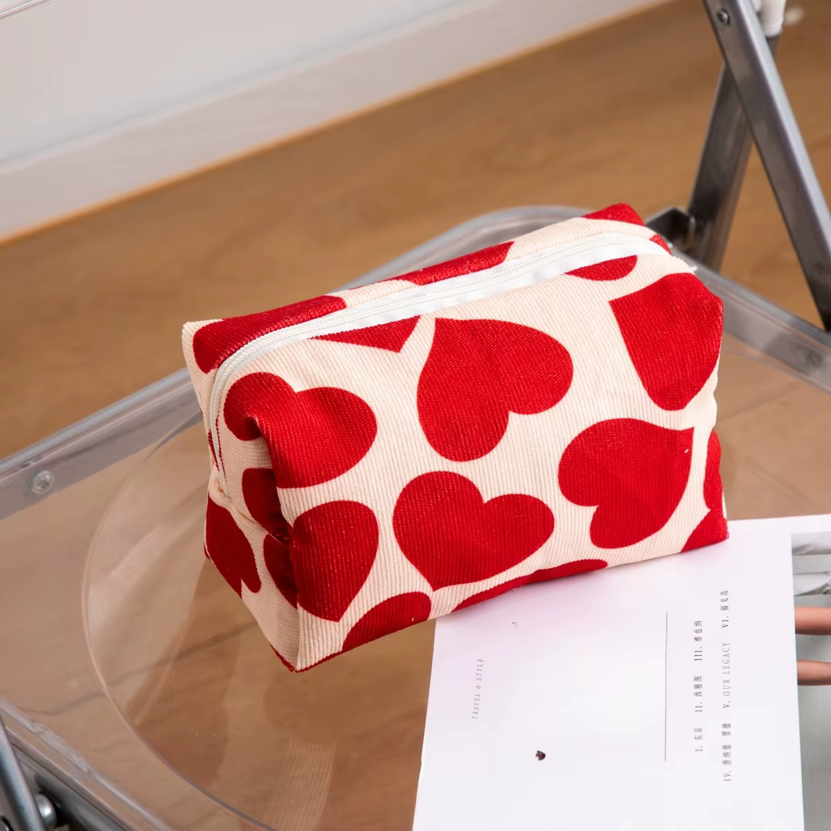 Sac de maquillage à motif de cœur rouge pour femmes