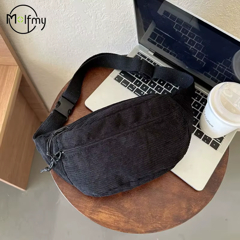 Femmes taille sac velours côtelé étudiant épaule sac à main bandoulière poitrine