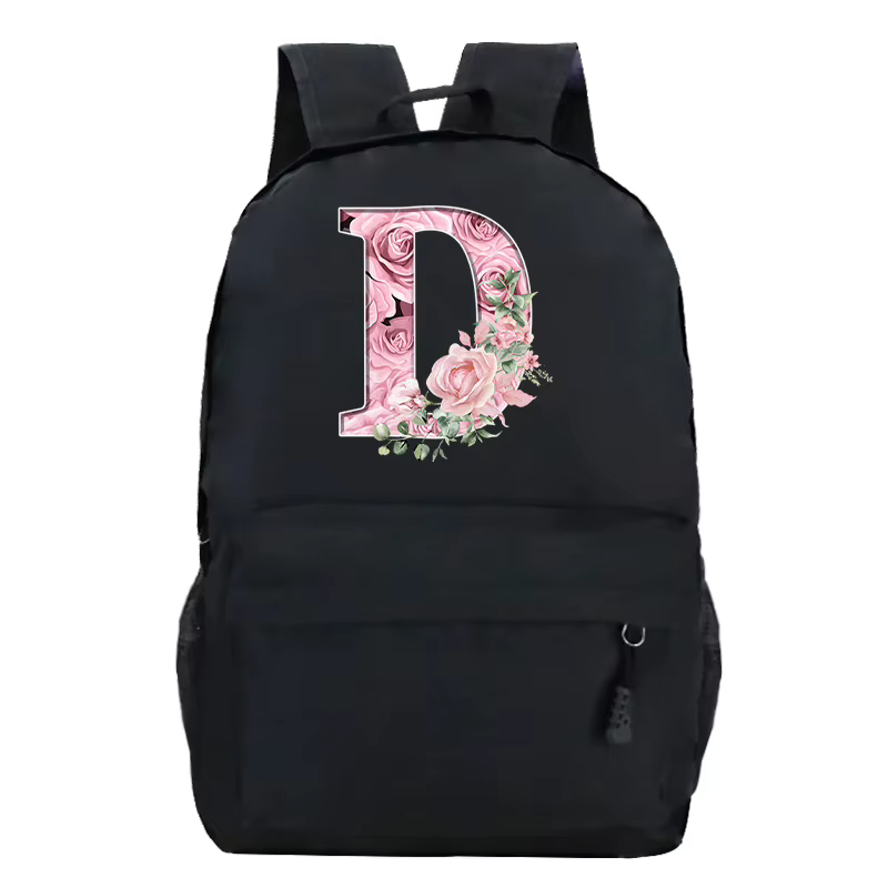 Rose Rose Alphabet sac à dos noir décontracté femmes esthétique sac à dos adolescente garçon fleur lettre sac d'école étudiant Mochilas