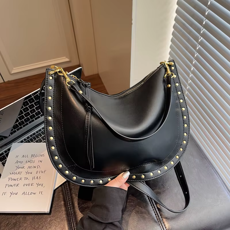 Sac à bandoulière demi-lune en cuir PU noir pour femme