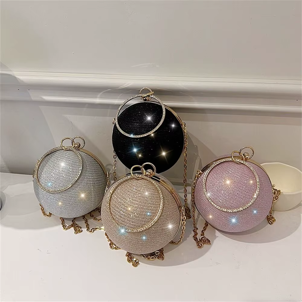 Sac de soirée circulaire en soie brillante dorée pour femmes