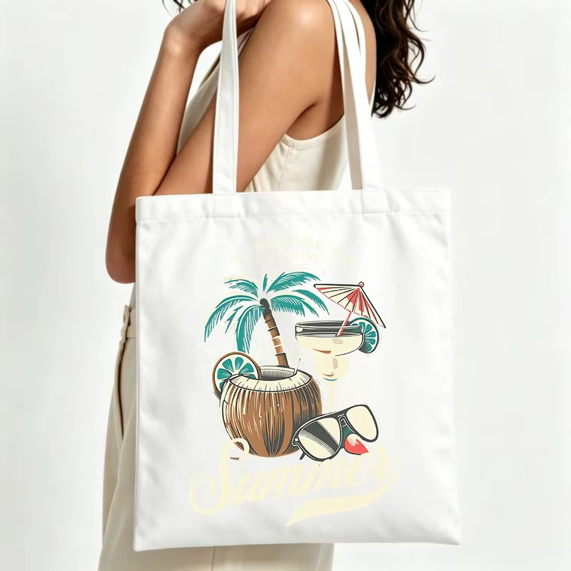 Sac fourre-tout en toile graphique d'été avec imprimé palmier et cocktail