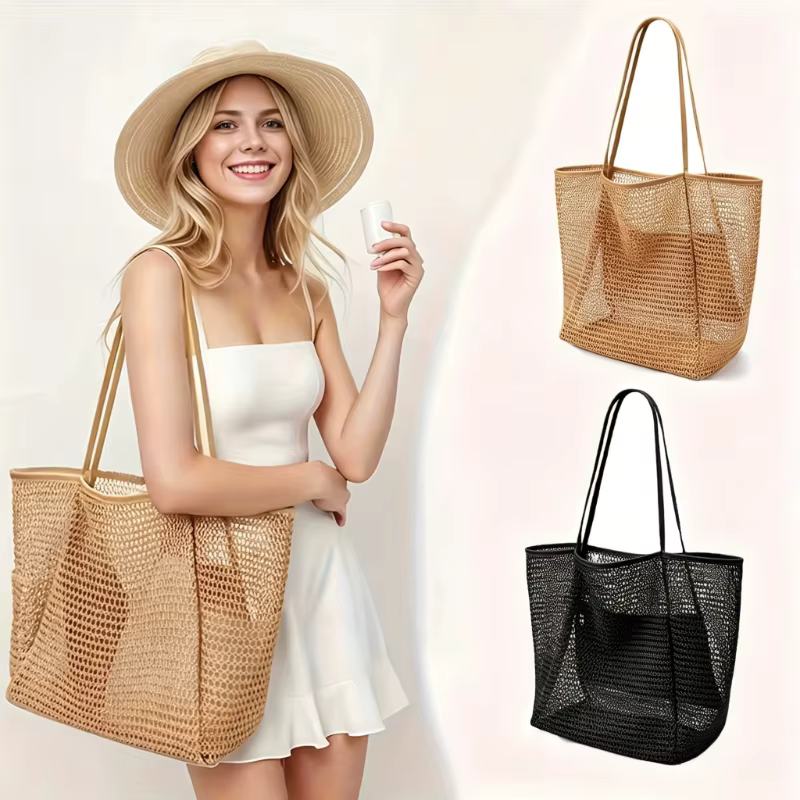 Sac fourre-tout de plage de grande capacité pour femmes – Sac à bandoulière tissé en polyester durable avec dessus
