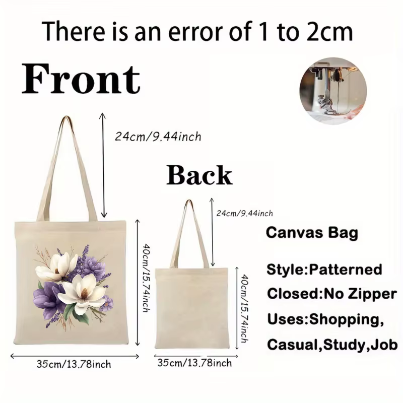 Sac fourre-tout en toile crème avec magnolia et imprimés floraux lavande pour un usage quotidien et un shopping