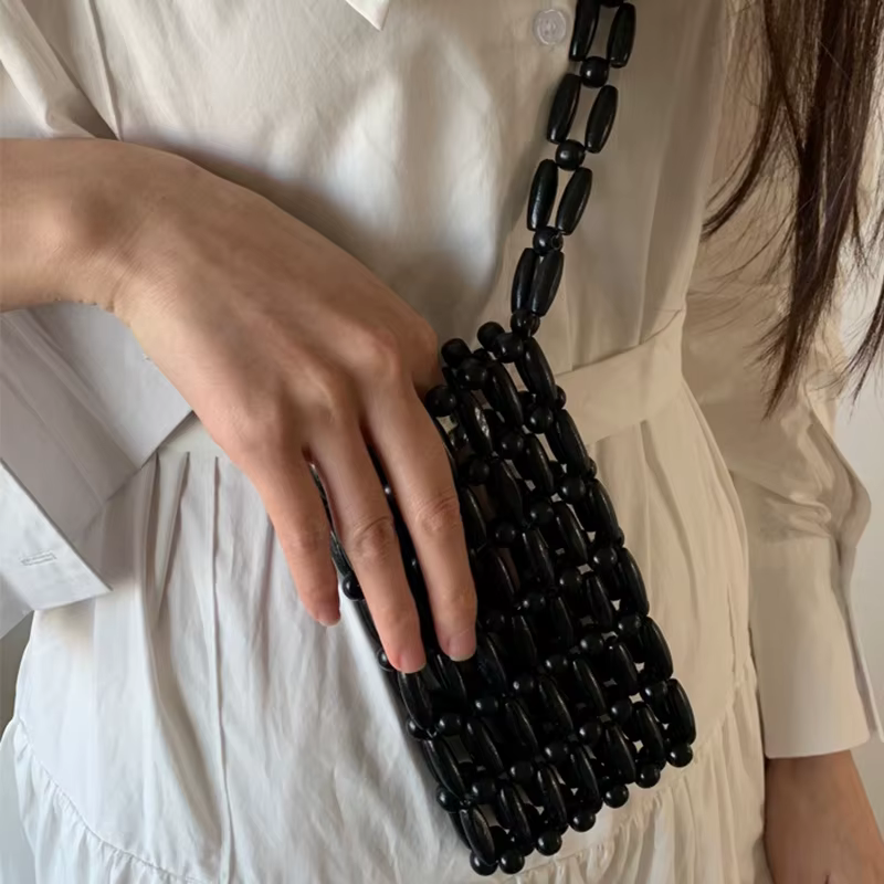 Sac à bandoulière Vintage minimaliste en perles de bois tissées pour téléphone portable